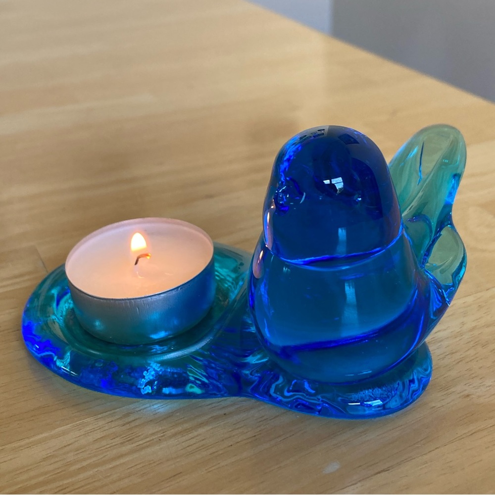 1991 Leo Ward blown glass blue bird of happiness tea light holder